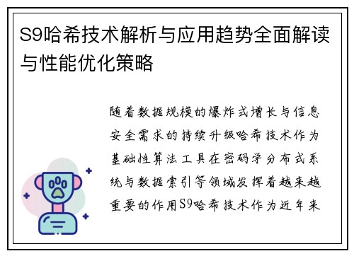 S9哈希技术解析与应用趋势全面解读与性能优化策略