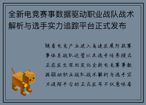 全新电竞赛事数据驱动职业战队战术解析与选手实力追踪平台正式发布