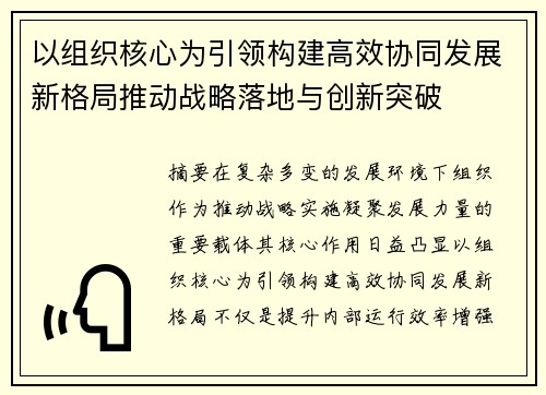 以组织核心为引领构建高效协同发展新格局推动战略落地与创新突破